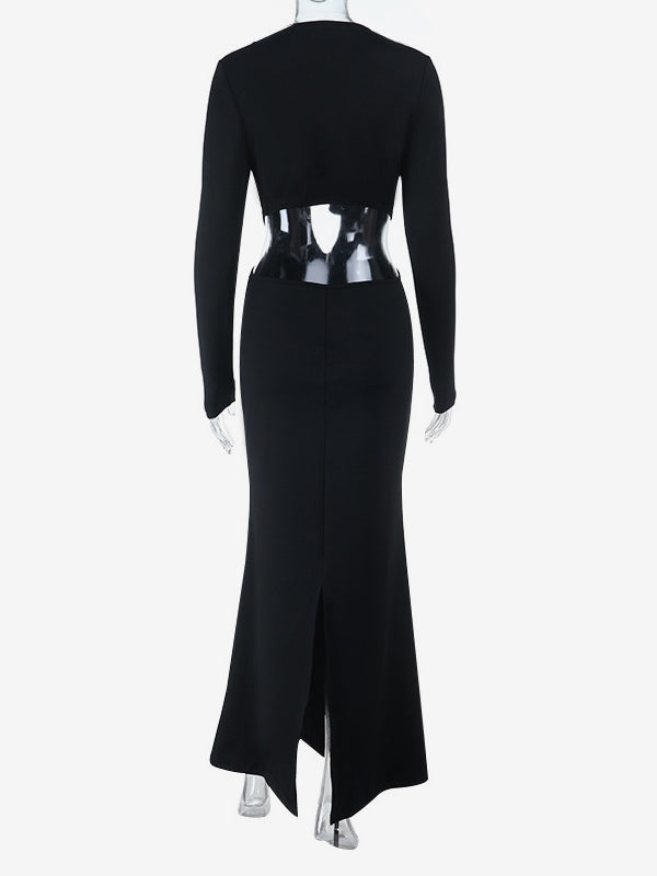 Ruffle V Neck Maxi Dress For Women - Black Elegant Backless Cut Out Bodycon Long Dress - Spring Evening Gown 2026