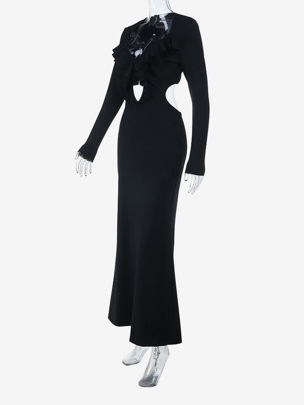Ruffle V Neck Maxi Dress For Women - Black Elegant Backless Cut Out Bodycon Long Dress - Spring Evening Gown 2026