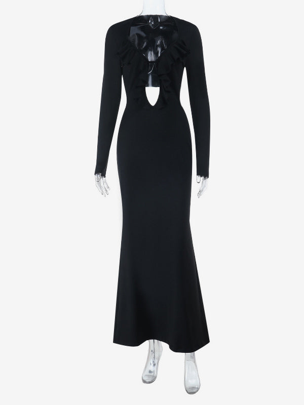 Ruffle V Neck Maxi Dress For Women - Black Elegant Backless Cut Out Bodycon Long Dress - Spring Evening Gown 2026