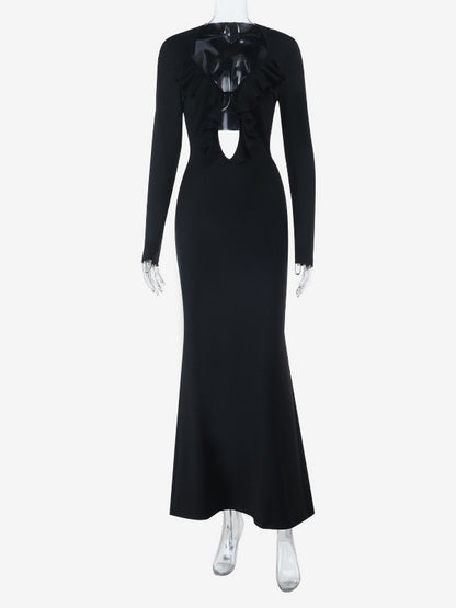 Ruffle V Neck Maxi Dress For Women - Black Elegant Backless Cut Out Bodycon Long Dress - Spring Evening Gown 2026