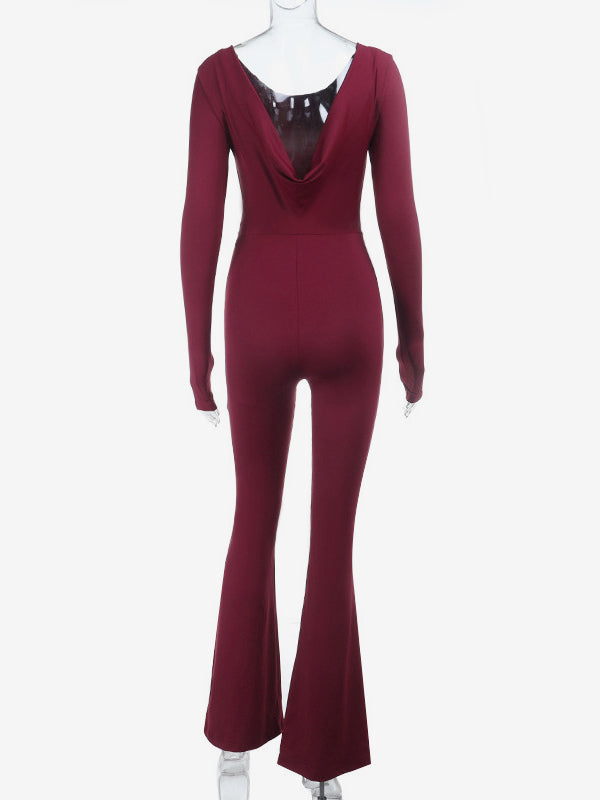 Backless Flare Jumpsuit For Women - Wine Red Sexy Long Sleeve Bodycon Romper - Spring Streetwear 2026