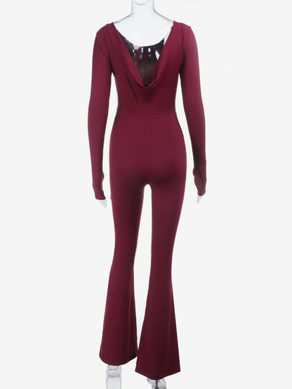 Backless Flare Jumpsuit For Women - Wine Red Sexy Long Sleeve Bodycon Romper - Spring Streetwear 2026