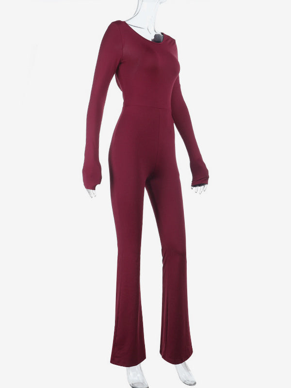 Backless Flare Jumpsuit For Women - Wine Red Sexy Long Sleeve Bodycon Romper - Spring Streetwear 2026