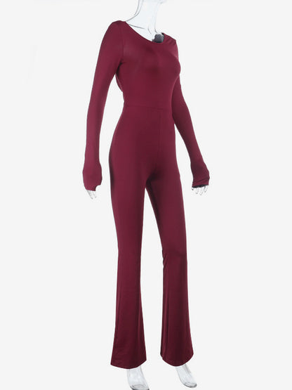 Backless Flare Jumpsuit For Women - Wine Red Sexy Long Sleeve Bodycon Romper - Spring Streetwear 2026