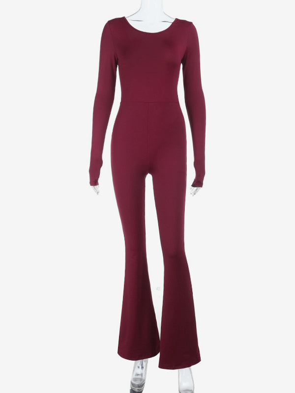 Backless Flare Jumpsuit For Women - Wine Red Sexy Long Sleeve Bodycon Romper - Spring Streetwear 2026