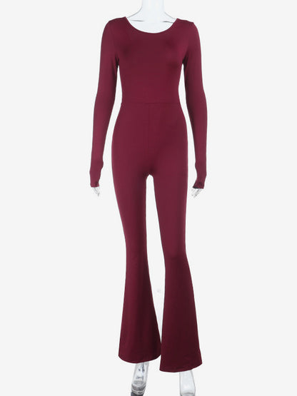 Backless Flare Jumpsuit For Women - Wine Red Sexy Long Sleeve Bodycon Romper - Spring Streetwear 2026