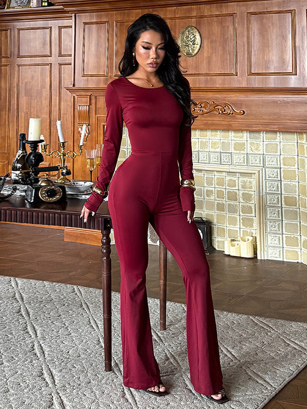 Backless Flare Jumpsuit For Women - Wine Red Sexy Long Sleeve Bodycon Romper - Spring Streetwear 2026