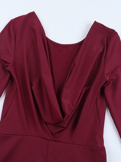 Backless Flare Jumpsuit For Women - Wine Red Sexy Long Sleeve Bodycon Romper - Spring Streetwear 2026