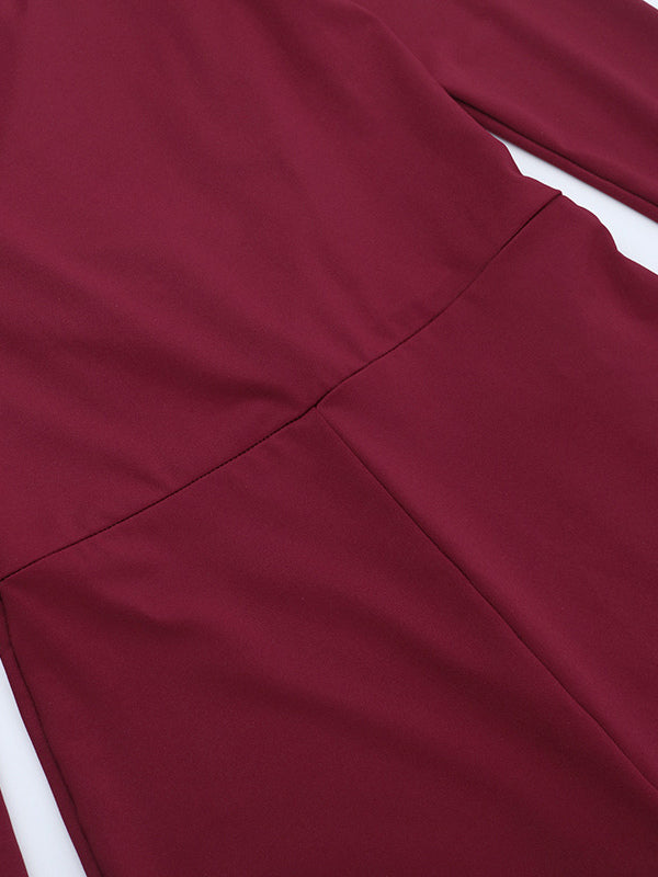 Backless Flare Jumpsuit For Women - Wine Red Sexy Long Sleeve Bodycon Romper - Spring Streetwear 2026