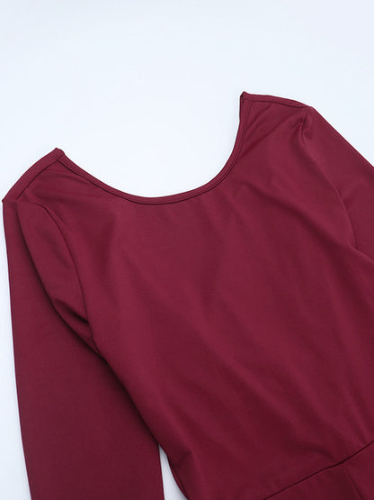 Backless Flare Jumpsuit For Women - Wine Red Sexy Long Sleeve Bodycon Romper - Spring Streetwear 2026