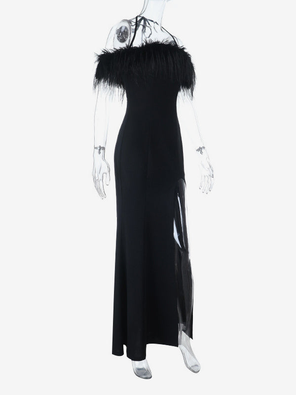 Feather Trim Maxi Dress For Women - Black Elegant Halter High Slit Bodycon Gown - Summer Evening Party 2026