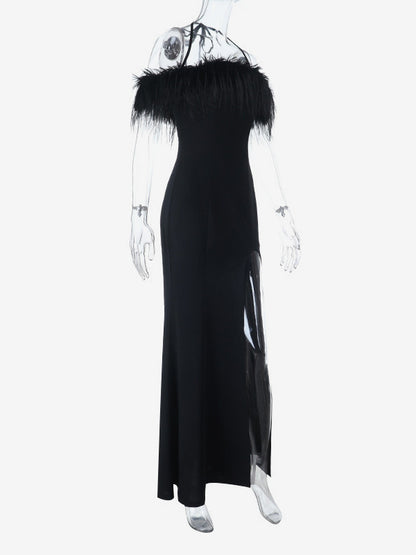 Feather Trim Maxi Dress For Women - Black Elegant Halter High Slit Bodycon Gown - Summer Evening Party 2026
