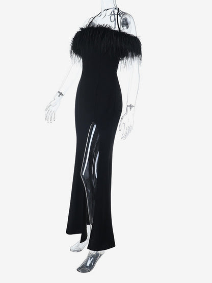 Feather Trim Maxi Dress For Women - Black Elegant Halter High Slit Bodycon Gown - Summer Evening Party 2026