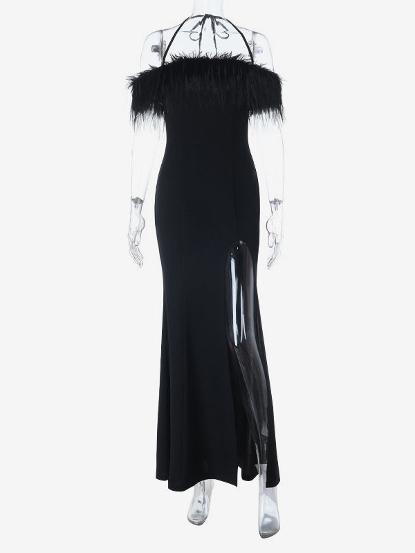 Feather Trim Maxi Dress For Women - Black Elegant Halter High Slit Bodycon Gown - Summer Evening Party 2026