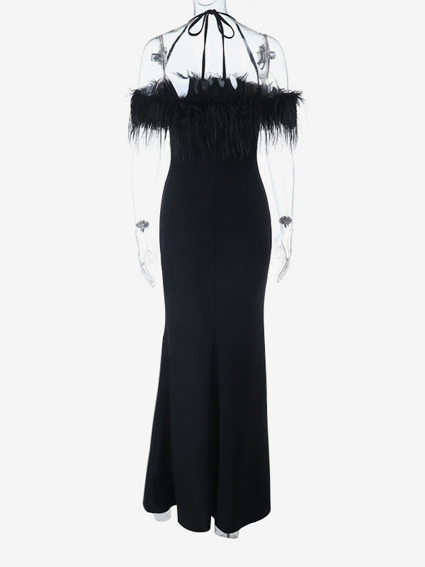 Feather Trim Maxi Dress For Women - Black Elegant Halter High Slit Bodycon Gown - Summer Evening Party 2026