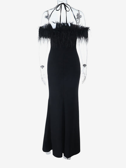 Feather Trim Maxi Dress For Women - Black Elegant Halter High Slit Bodycon Gown - Summer Evening Party 2026