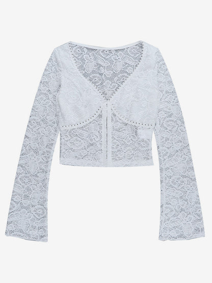 Floral Lace Crop Top For Women - White Elegant Long Sleeve V Neck Slim Fit Blouse - Spring Night Out Clubwear 2026