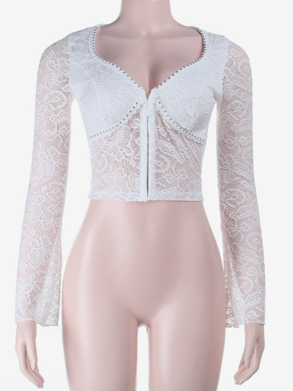 Floral Lace Crop Top For Women - White Elegant Long Sleeve V Neck Slim Fit Blouse - Spring Night Out Clubwear 2026