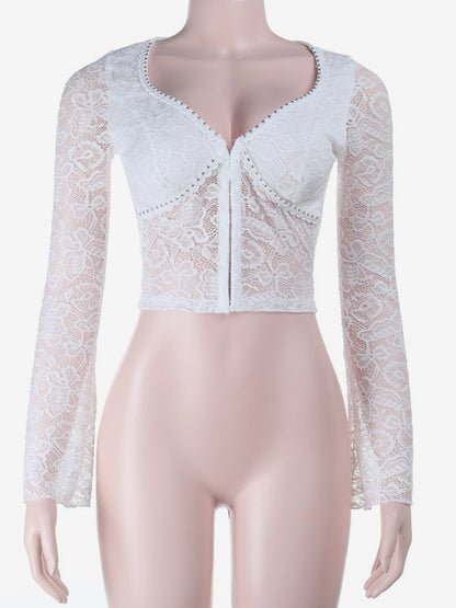 Floral Lace Crop Top For Women - White Elegant Long Sleeve V Neck Slim Fit Blouse - Spring Night Out Clubwear 2026