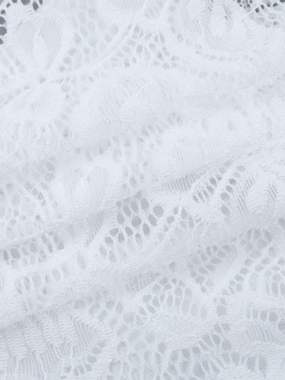 Floral Lace Crop Top For Women - White Elegant Long Sleeve V Neck Slim Fit Blouse - Spring Night Out Clubwear 2026