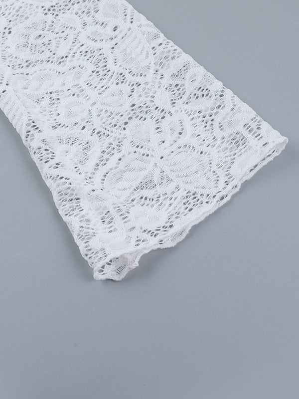 Floral Lace Crop Top For Women - White Elegant Long Sleeve V Neck Slim Fit Blouse - Spring Night Out Clubwear 2026