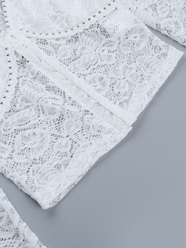 Floral Lace Crop Top For Women - White Elegant Long Sleeve V Neck Slim Fit Blouse - Spring Night Out Clubwear 2026
