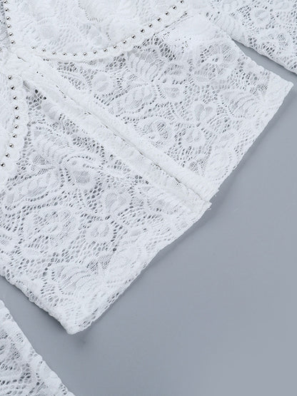 Floral Lace Crop Top For Women - White Elegant Long Sleeve V Neck Slim Fit Blouse - Spring Night Out Clubwear 2026