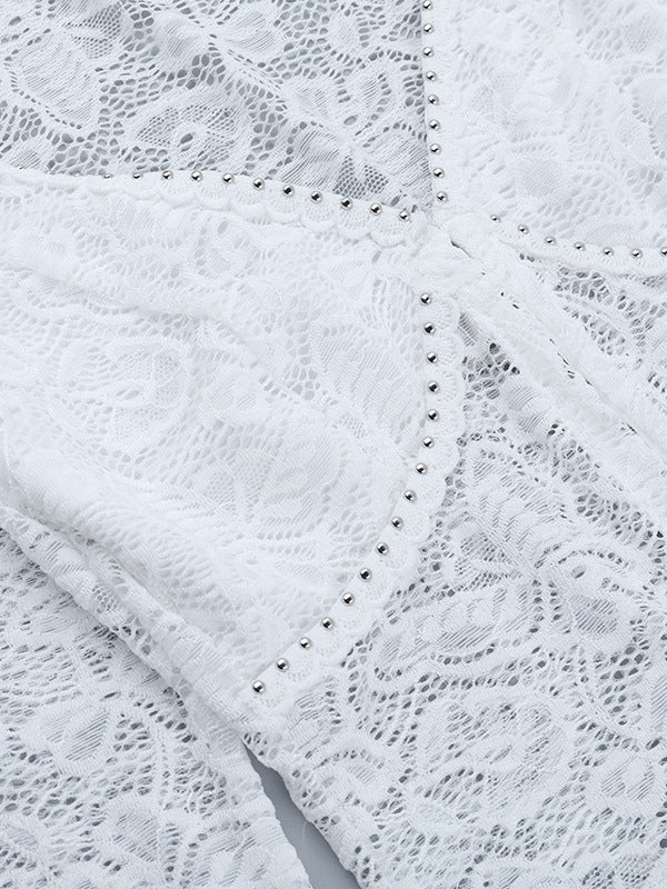Floral Lace Crop Top For Women - White Elegant Long Sleeve V Neck Slim Fit Blouse - Spring Night Out Clubwear 2026
