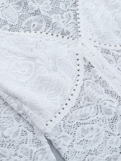 Floral Lace Crop Top For Women - White Elegant Long Sleeve V Neck Slim Fit Blouse - Spring Night Out Clubwear 2026