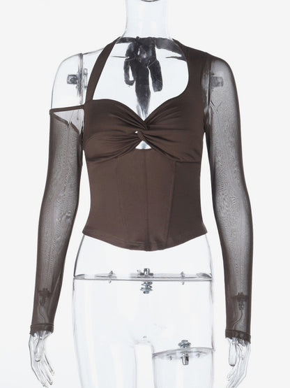 Halter Corset Top For Women - Brown Mesh Patchwork Long Sleeve Blouse - Spring Night Out Clubwear 2026