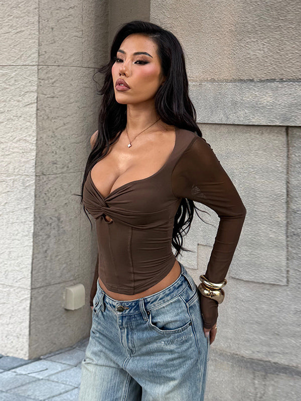Halter Corset Top For Women - Brown Mesh Patchwork Long Sleeve Blouse - Spring Night Out Clubwear 2026