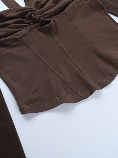 Halter Corset Top For Women - Brown Mesh Patchwork Long Sleeve Blouse - Spring Night Out Clubwear 2026