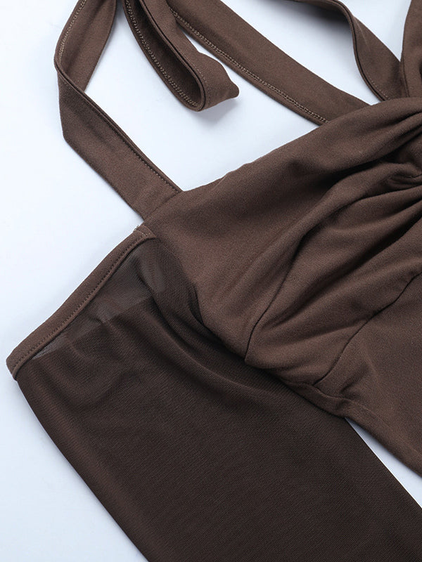 Halter Corset Top For Women - Brown Mesh Patchwork Long Sleeve Blouse - Spring Night Out Clubwear 2026
