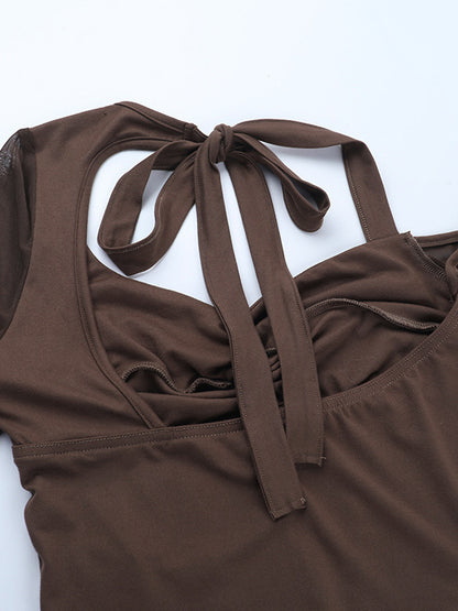 Halter Corset Top For Women - Brown Mesh Patchwork Long Sleeve Blouse - Spring Night Out Clubwear 2026