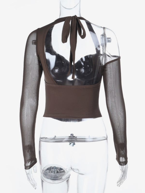 Halter Corset Top For Women - Brown Mesh Patchwork Long Sleeve Blouse - Spring Night Out Clubwear 2026