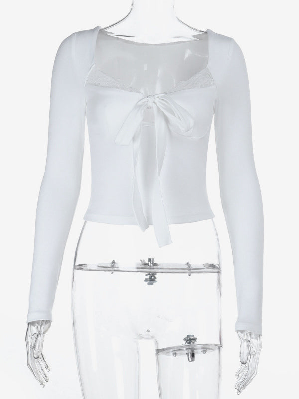 Lace Trim Bow Tie Front Cropped Top For Women - White Slim Fit Long Sleeve Fairycore Blouse - Spring Night Out Clubwear 2026