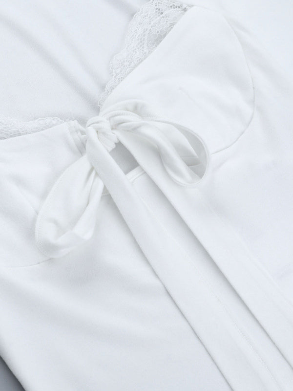 Lace Trim Bow Tie Front Cropped Top For Women - White Slim Fit Long Sleeve Fairycore Blouse - Spring Night Out Clubwear 2026