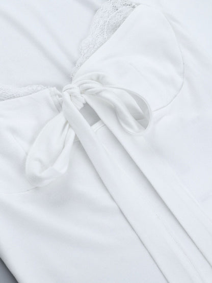 Lace Trim Bow Tie Front Cropped Top For Women - White Slim Fit Long Sleeve Fairycore Blouse - Spring Night Out Clubwear 2026