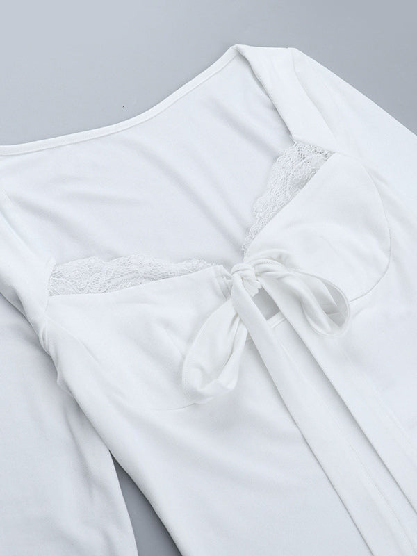 Lace Trim Bow Tie Front Cropped Top For Women - White Slim Fit Long Sleeve Fairycore Blouse - Spring Night Out Clubwear 2026