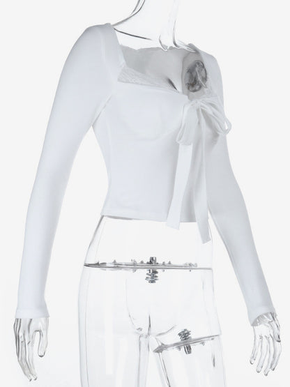 Lace Trim Bow Tie Front Cropped Top For Women - White Slim Fit Long Sleeve Fairycore Blouse - Spring Night Out Clubwear 2026