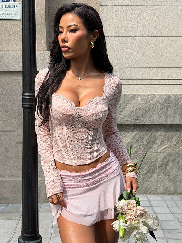 Pink Corset Style Lace Top For Women - Elegant Long Sleeve Sweetheart Bustier Blouse - Spring Night Out Clubwear 2026
