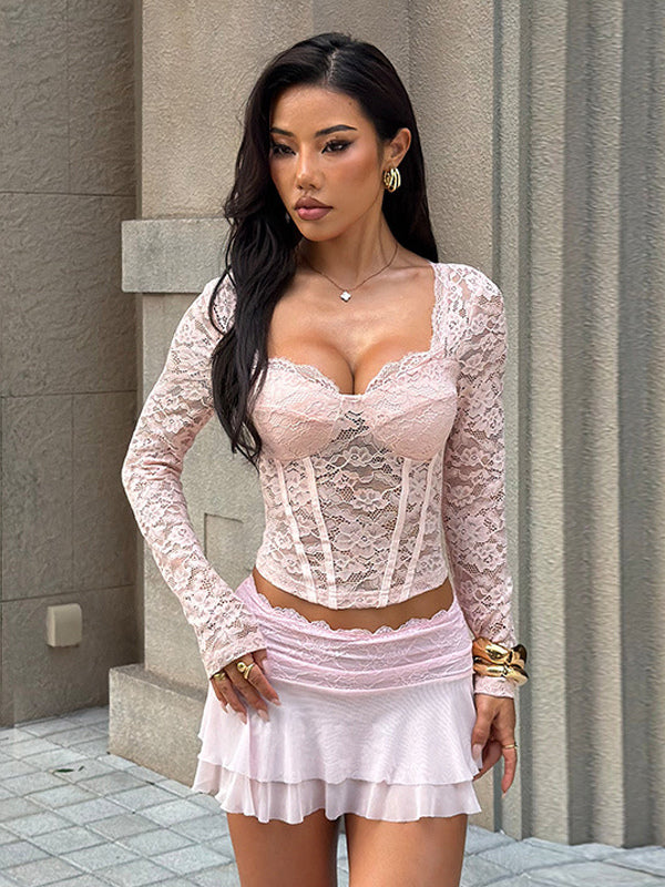 Pink Corset Style Lace Top For Women - Elegant Long Sleeve Sweetheart Bustier Blouse - Spring Night Out Clubwear 2026