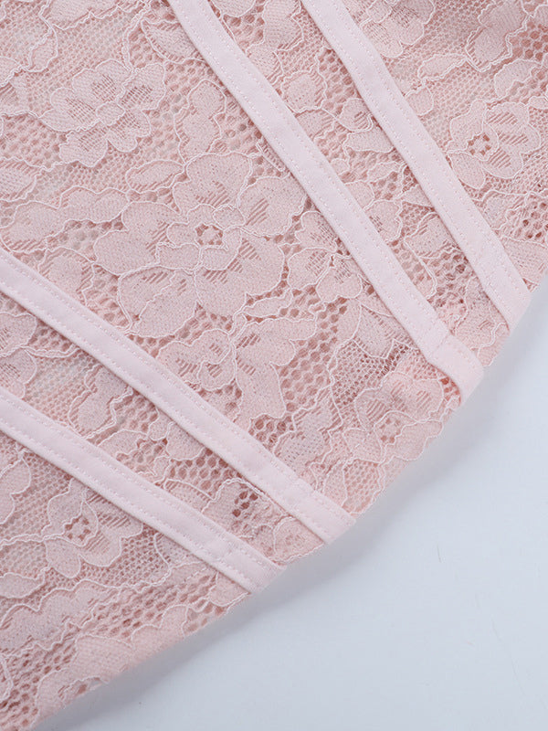 Pink Corset Style Lace Top For Women - Elegant Long Sleeve Sweetheart Bustier Blouse - Spring Night Out Clubwear 2026
