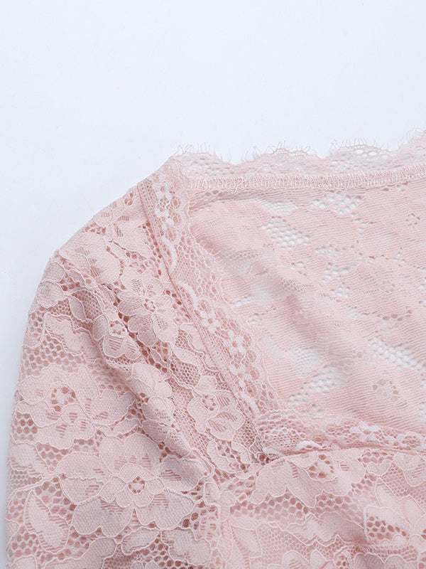 Pink Corset Style Lace Top For Women - Elegant Long Sleeve Sweetheart Bustier Blouse - Spring Night Out Clubwear 2026