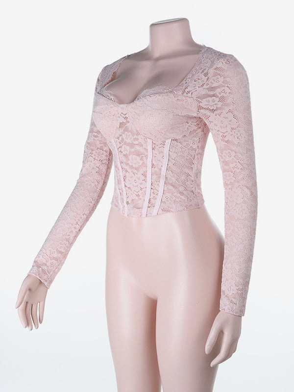 Pink Corset Style Lace Top For Women - Elegant Long Sleeve Sweetheart Bustier Blouse - Spring Night Out Clubwear 2026
