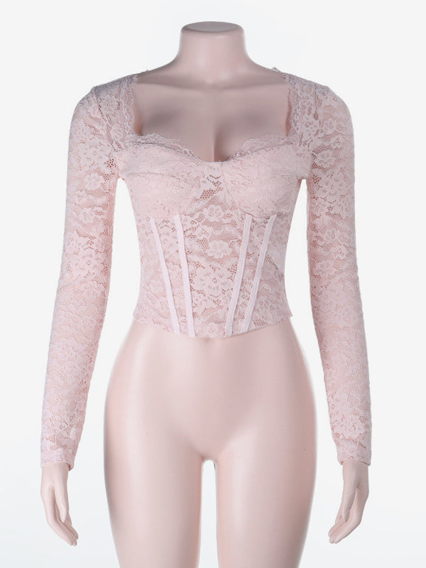 Pink Corset Style Lace Top For Women - Elegant Long Sleeve Sweetheart Bustier Blouse - Spring Night Out Clubwear 2026