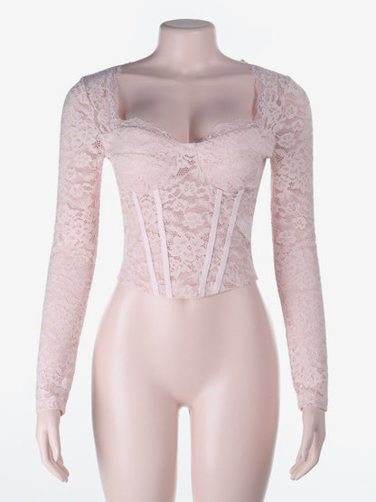 Pink Corset Style Lace Top For Women - Elegant Long Sleeve Sweetheart Bustier Blouse - Spring Night Out Clubwear 2026