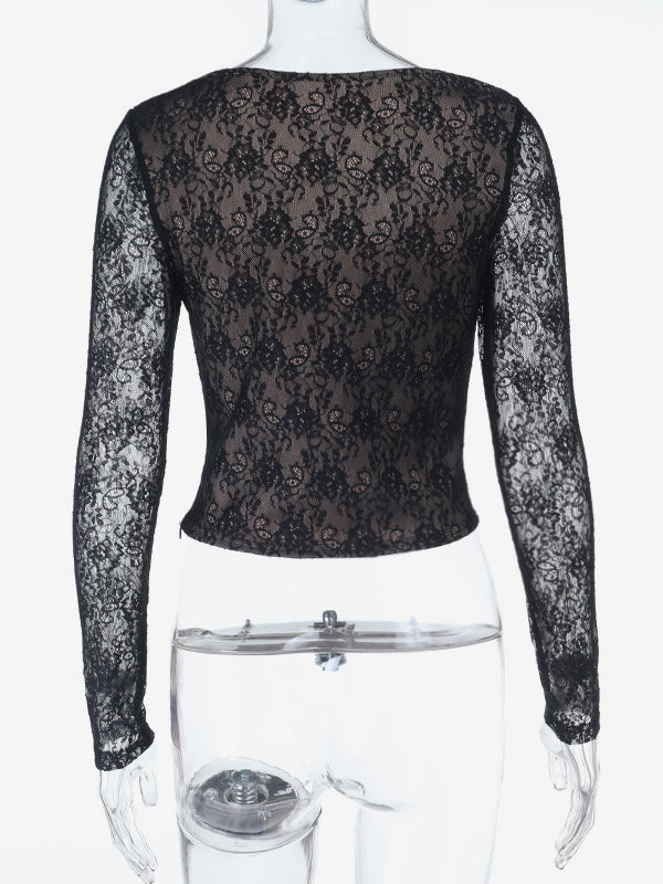 Black Lace Corset Style Crop Top For Women - Gothic Long Sleeve Sweetheart Bustier Blouse - Spring Night Out Party 2026