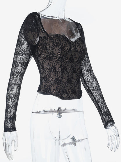 Black Lace Corset Style Crop Top For Women - Gothic Long Sleeve Sweetheart Bustier Blouse - Spring Night Out Party 2026