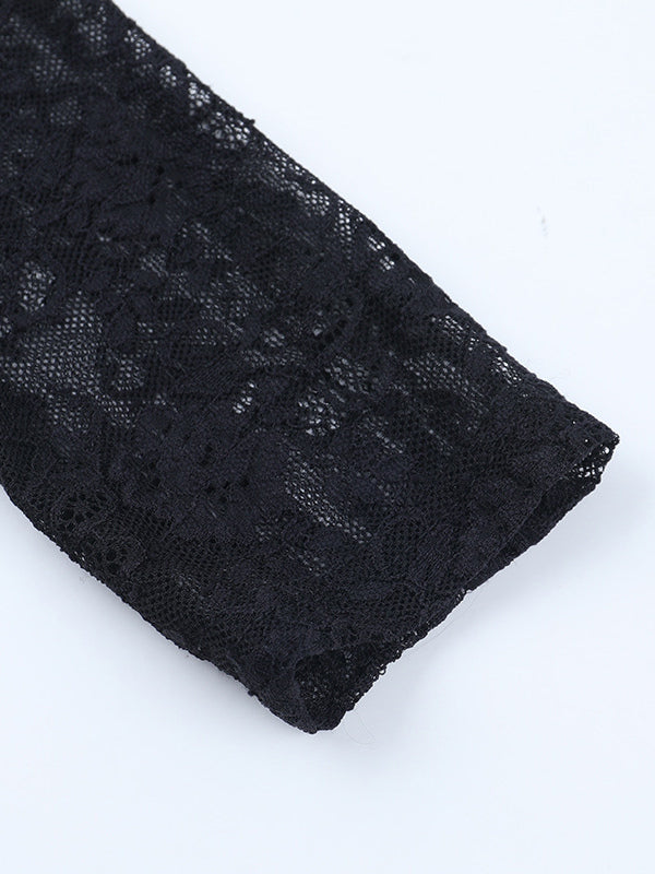 Black Lace Corset Style Crop Top For Women - Gothic Long Sleeve Sweetheart Bustier Blouse - Spring Night Out Party 2026